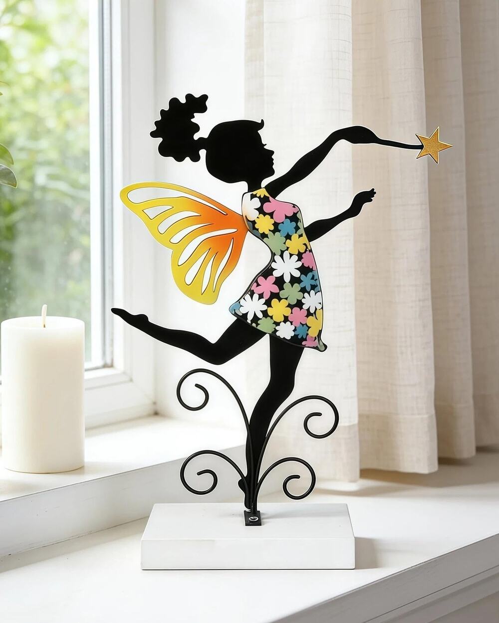 Fairy Figurine Floral Dress Silhouette Star Wand Home Decor 10.5 Inch